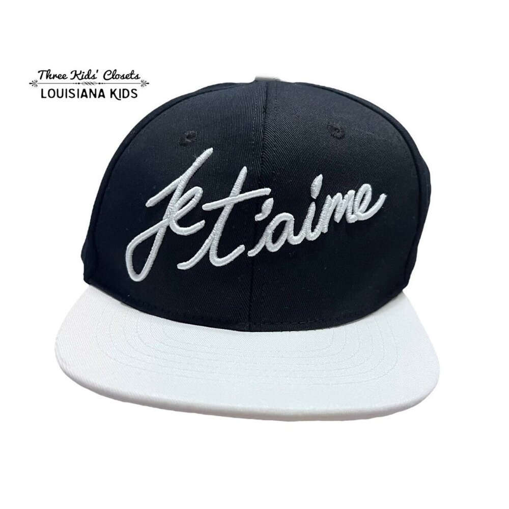 NEW Whistle & Flute Kids Black Embroidered Je T'aime Flat Brim Cap Hat